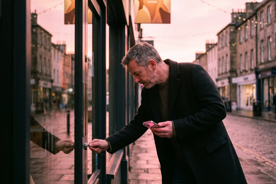 A solo high-street estate agent locking up his branch shopfront at dusk, checking a soft pink notification on his phone