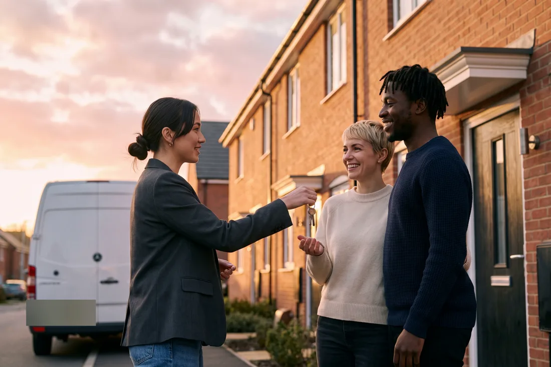 A lettings negotiator handing over keys to a smiling young couple outside a modern British terraced house, a removals van behind them