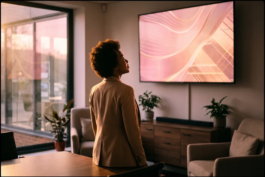An operations manager reviewing a wall-mounted screen of glowing referral pipelines in a modern estate agency office