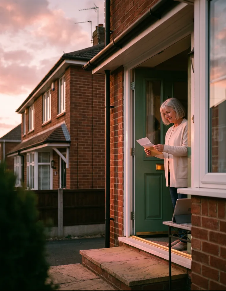 A homeowner's hand opening a letter on the doorstep of a modern British house