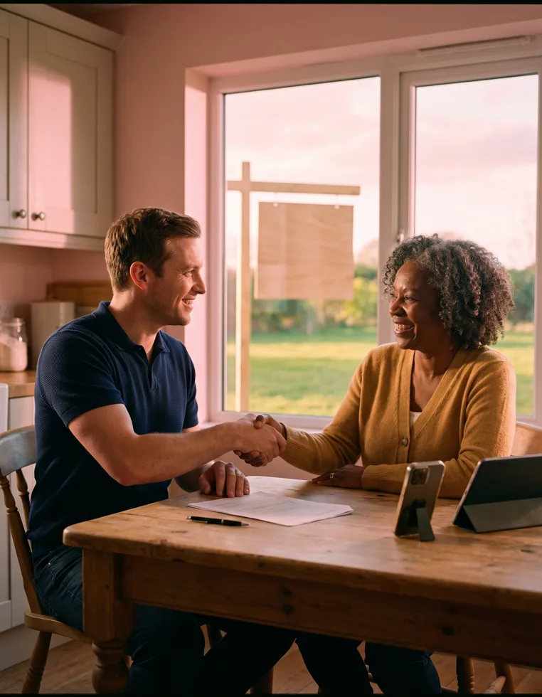 An estate agent and a homeowner shaking hands over paperwork at a kitchen table, a blank for-sale board visible outside
