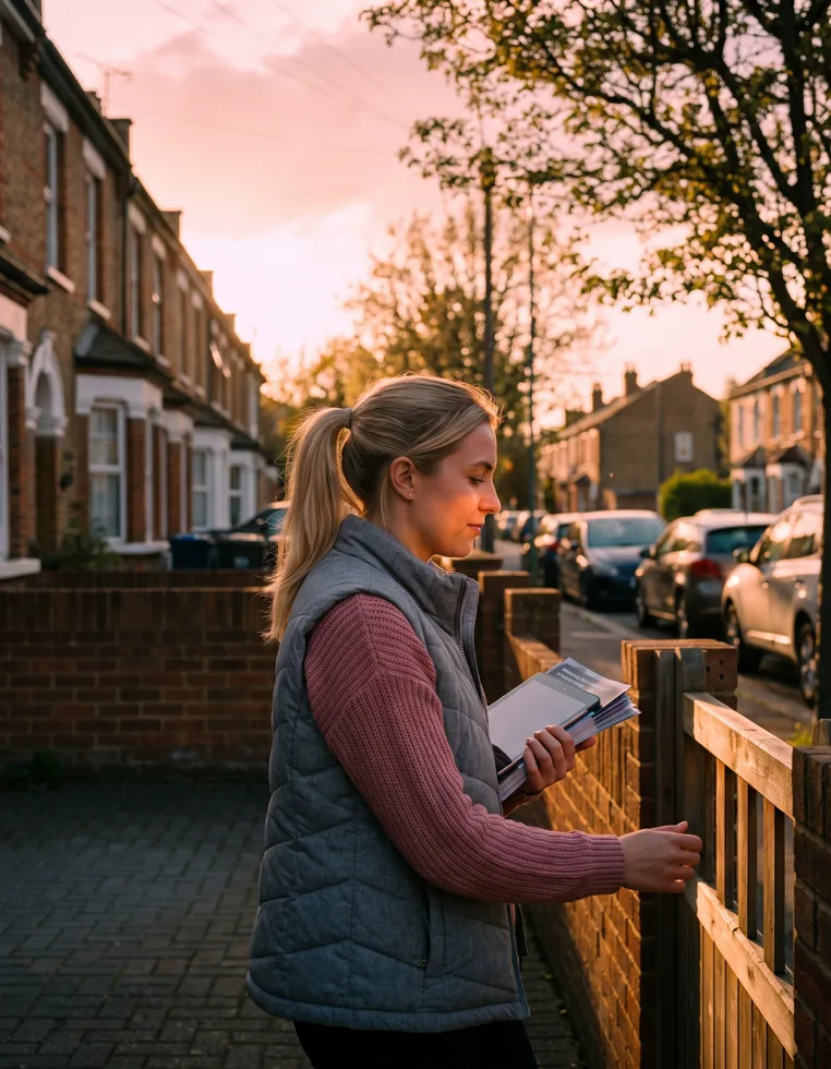 An estate agent walking a modern British street holding a stack of leaflets, approaching a front gate