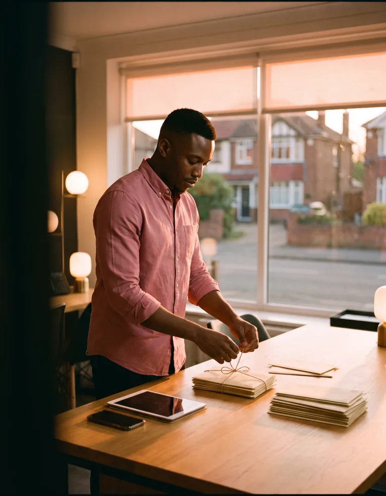 Bundles of branded canvassing letters stacked on a desk in a bright estate agency office, ready to go out