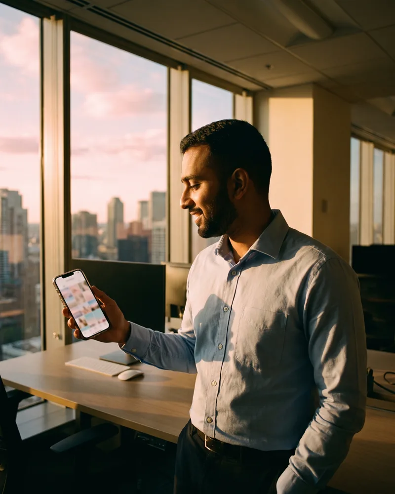 An estate agent holding a smartphone showing a grid of Instagram photos, at a bright office desk