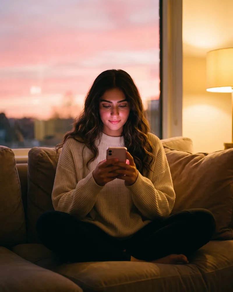 An estate agent smiling at a smartphone showing a full week of scheduled social posts in a calendar grid