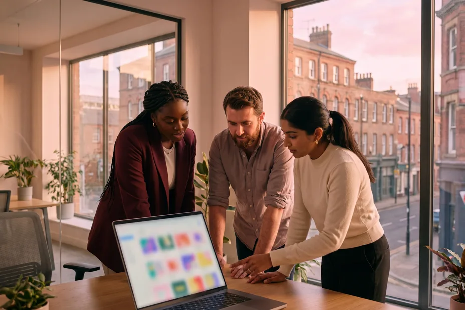 Three estate agents gathered around a desk in a modern branch office, looking together at a laptop showing a colourful grid of social posts