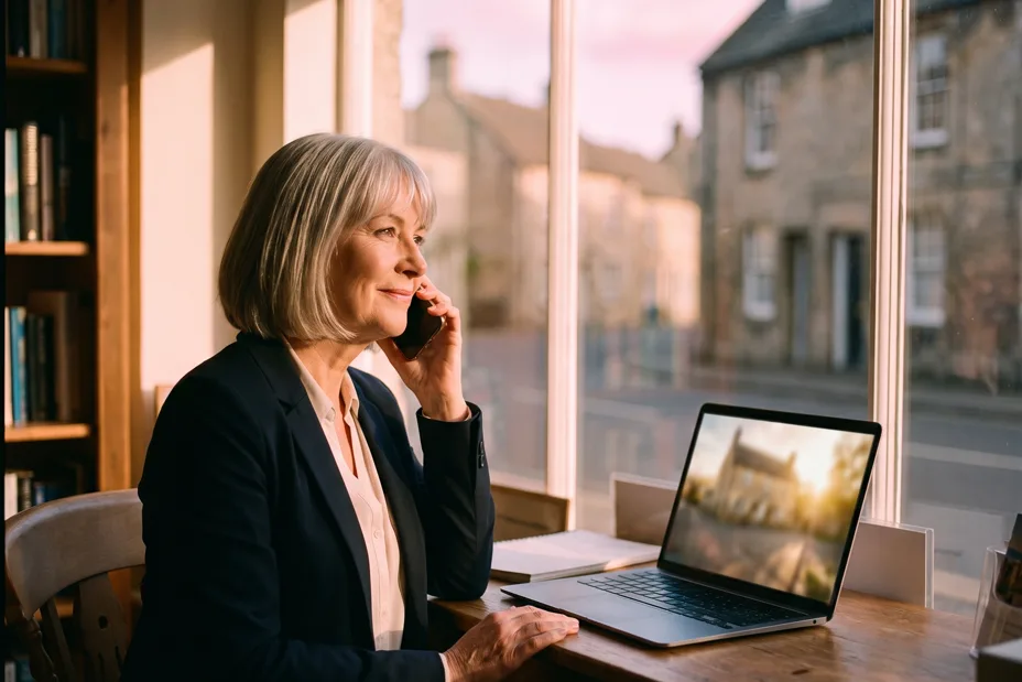 A sole-trading estate agent working alone at a small high-street office desk, laptop and phone in hand