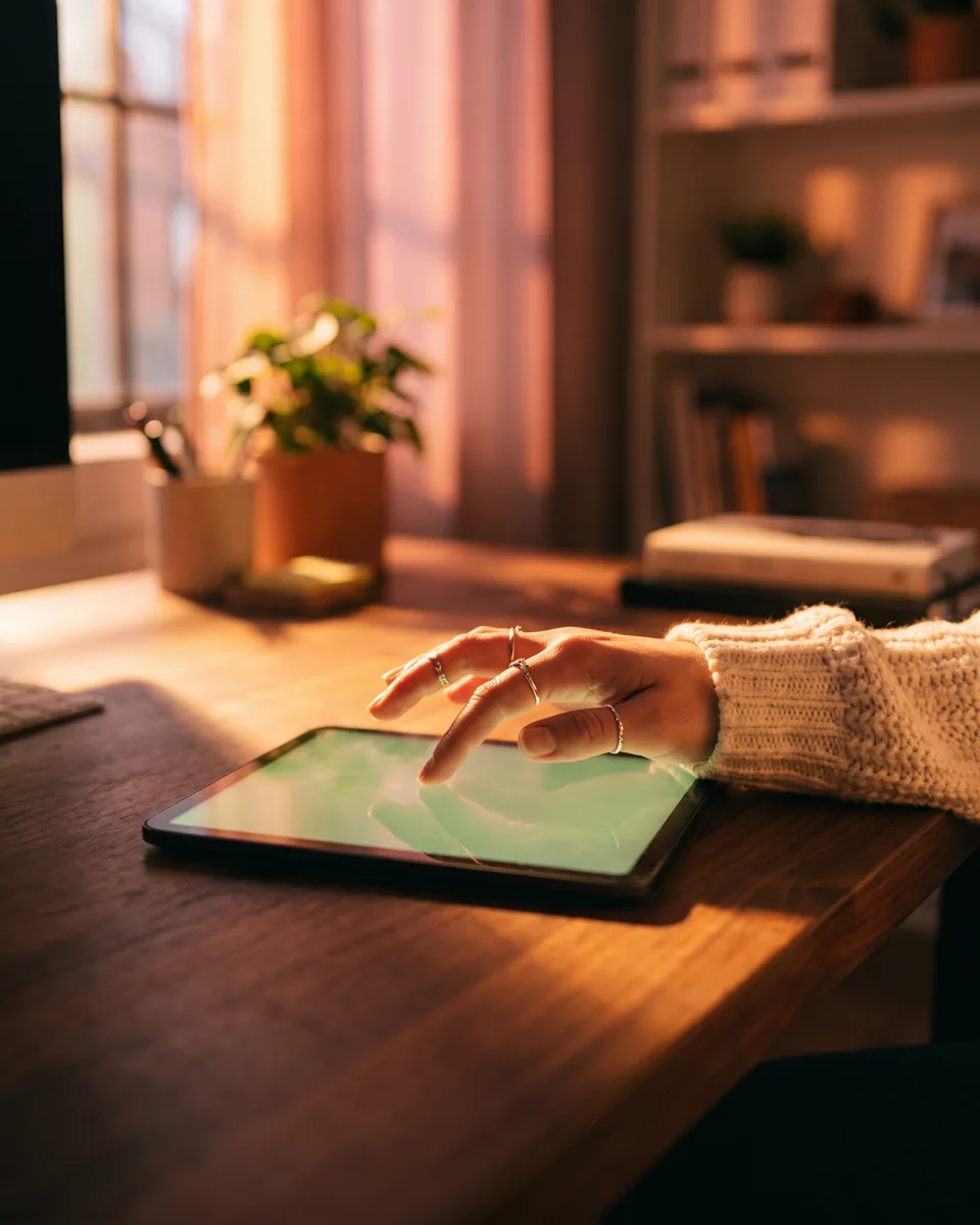 A hand tapping a glowing tablet screen on a desk, accepting a new valuation lead in a modern estate agency office