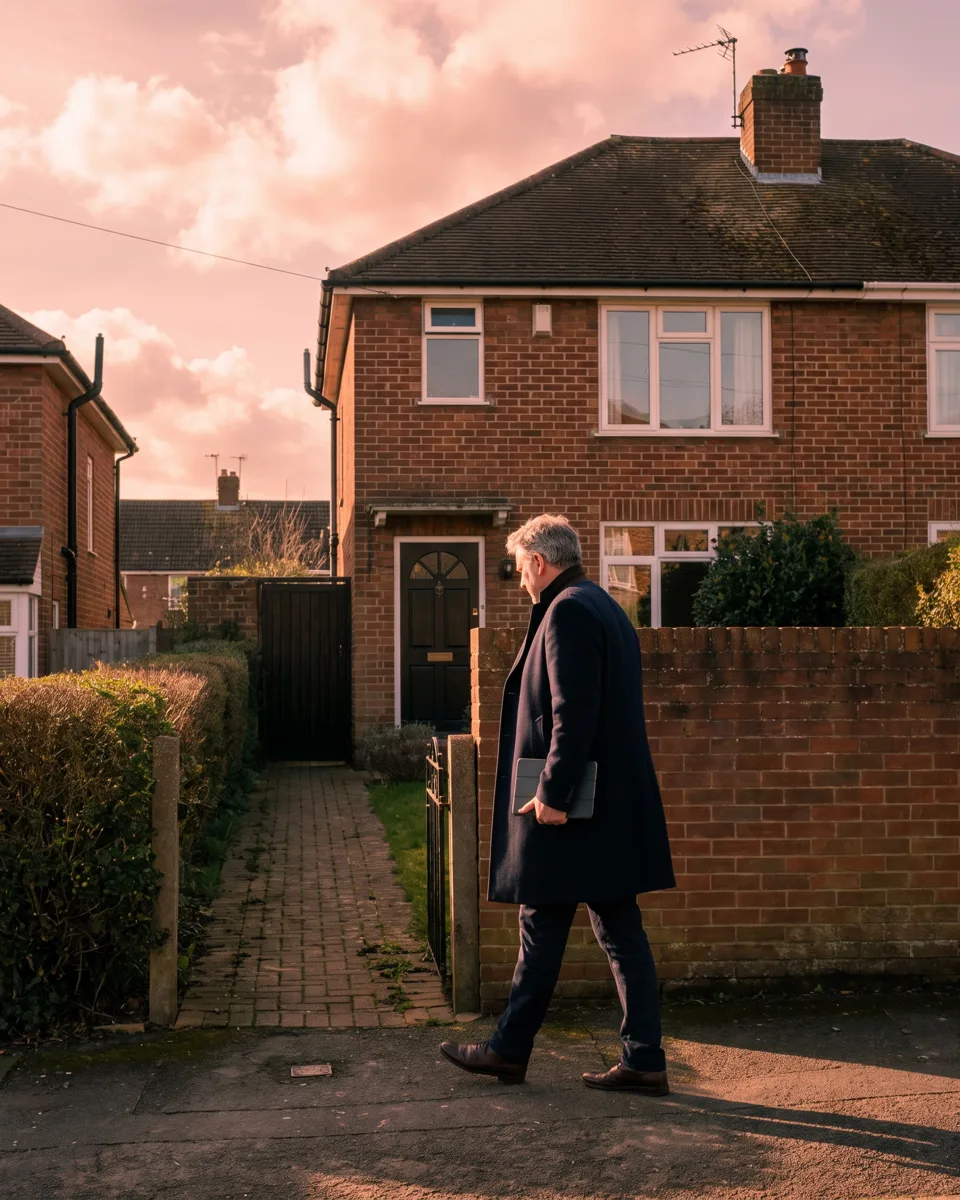 An estate agent with a tablet walking up the path to a modern British semi-detached house