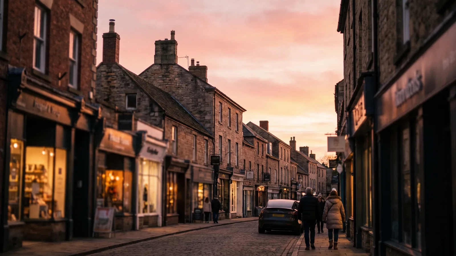 A contemporary English high street at dusk with several independent estate agent shopfronts glowing in a row