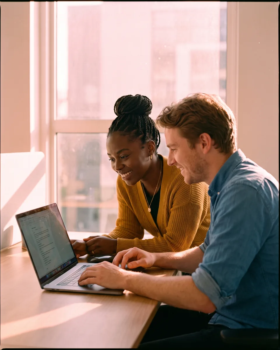 Two estate agents at a shared desk reviewing a new lead together on a laptop in a modern office