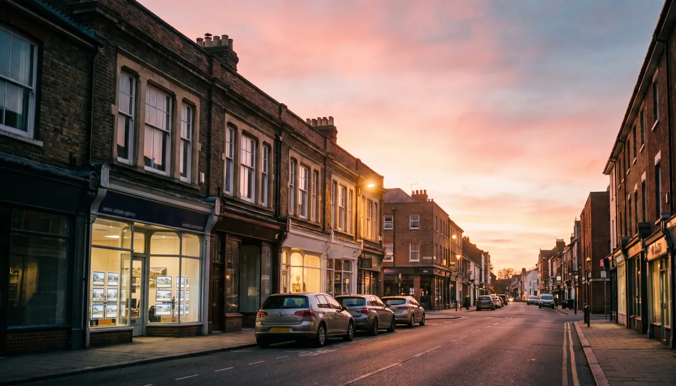 A dusk view of a modern British high street with an estate agency shopfront glowing warmly, a phone screen glowing in the foreground showing a website homepage