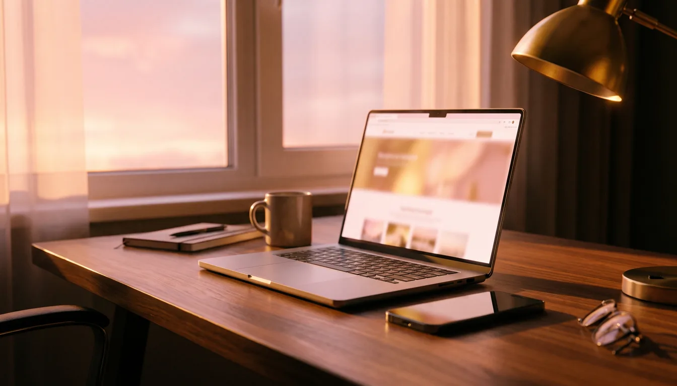 A laptop, tablet and phone glowing on an estate agency office desk at dusk, each screen showing the same website in matching brand colours