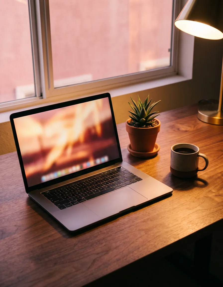 A laptop and phone glowing alone on an office desk in the afternoon light, screens showing a website homepage rebuilding itself