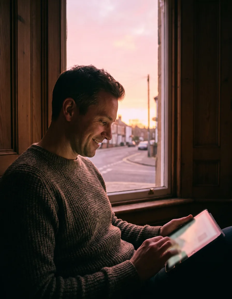 Two estate agents on a British high street at dusk, one showing the other the finished website glowing on a tablet, both smiling