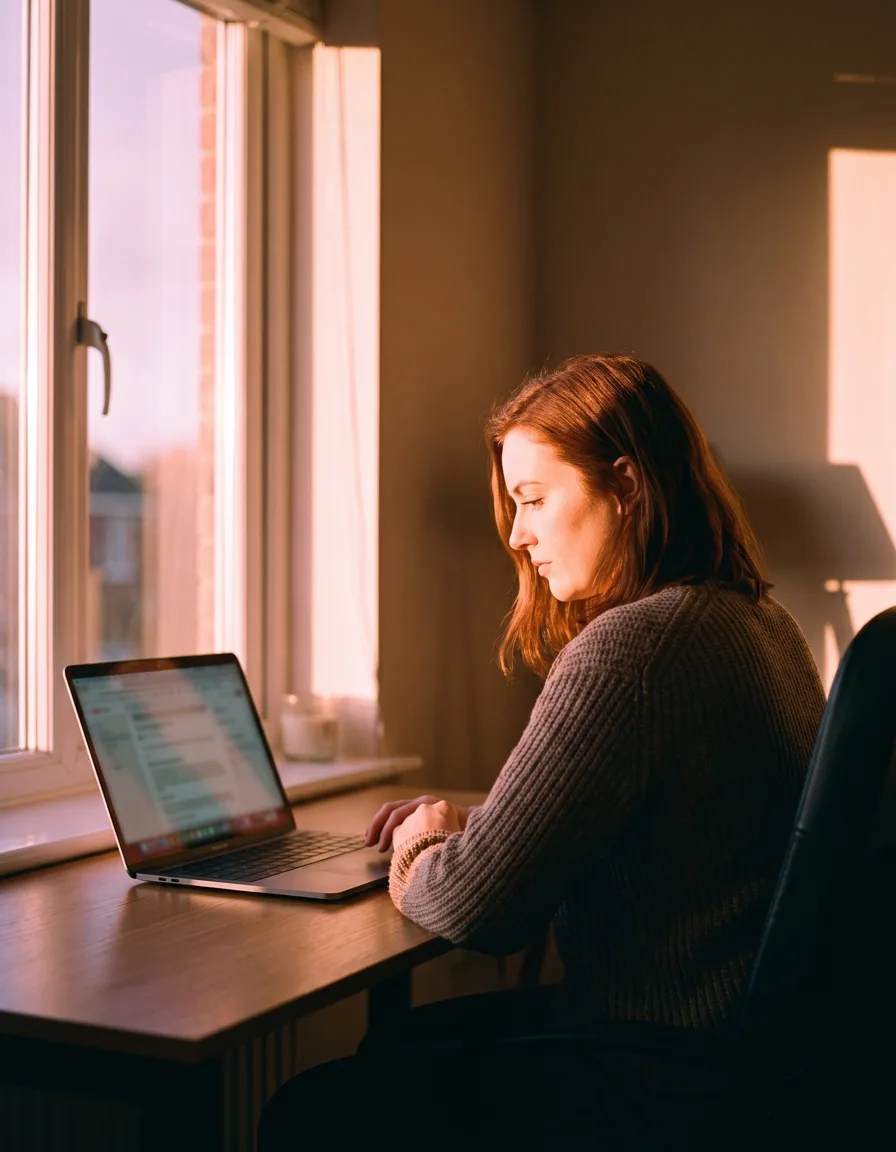 An estate agent typing at a laptop in a branch office on a Monday morning, coffee beside the keyboard, morning light through the shopfront window