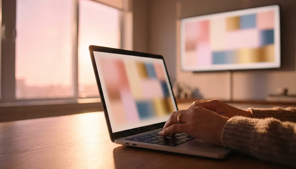 An estate agent's hands at a laptop keyboard on a bright office desk, adjusting a row of glowing colour swatches to match the agency's own signage colours
