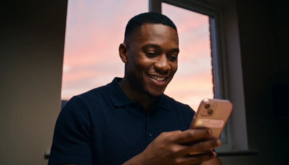 An estate agent smiling at a glowing smartphone showing a notification card in a modern British branch office at dusk
