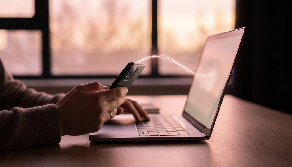 An estate agent's hand holding a phone beside an open laptop on a modern office desk, a glowing thread of light flowing from the phone screen into the laptop screen