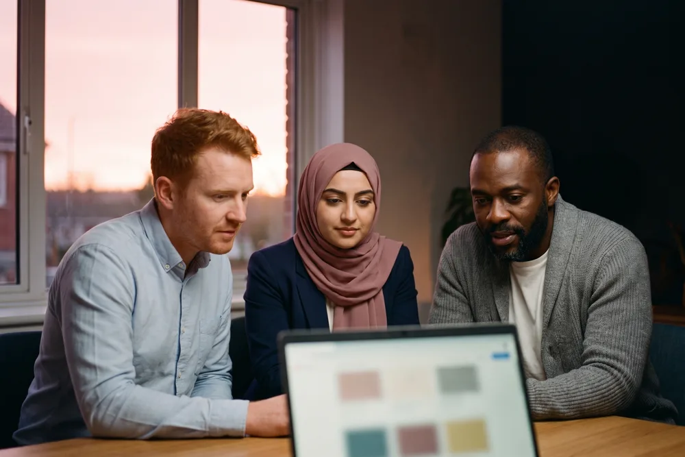 Three estate agents gathered around a desk in a modern British branch office, looking together at a laptop screen showing a website widget mockup