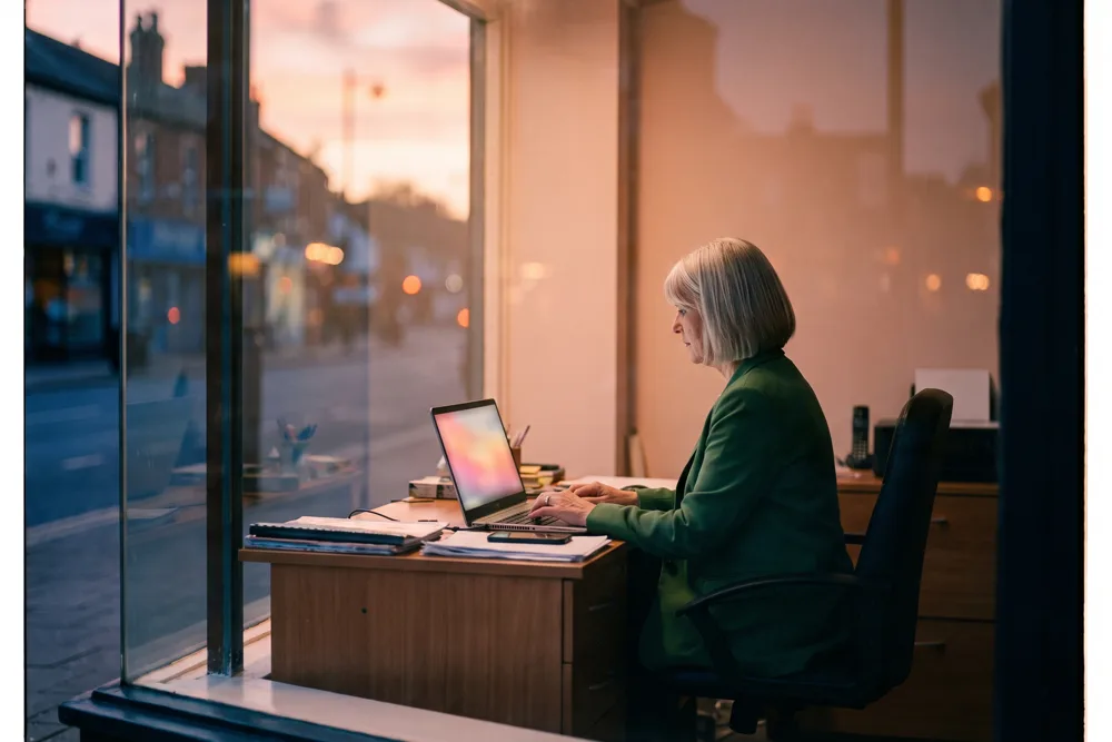 A sole-trading estate agent working alone at a small high-street branch office desk in the evening, laptop glowing with a website mockup