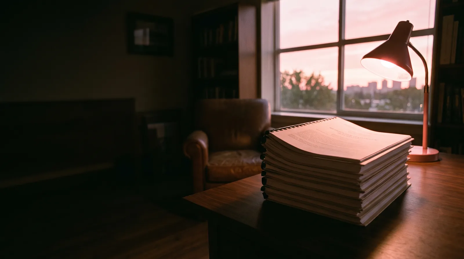 A tall stack of bound survey reports on a walnut desk, the top one open, lit by a desk lamp against a pink sunset sky