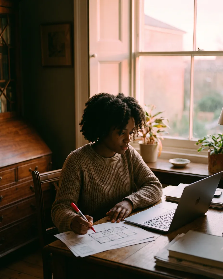 A senior surveyor at a desk in pink dawn light, marking up a printed report with a red pen beside her laptop