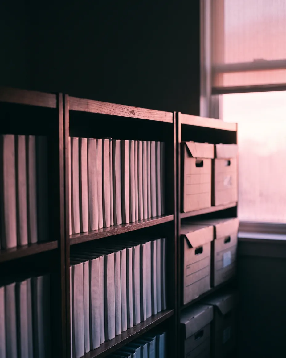 Rows of bound survey report spines and archive boxes on dark shelves, lit by pink sunrise light through a window