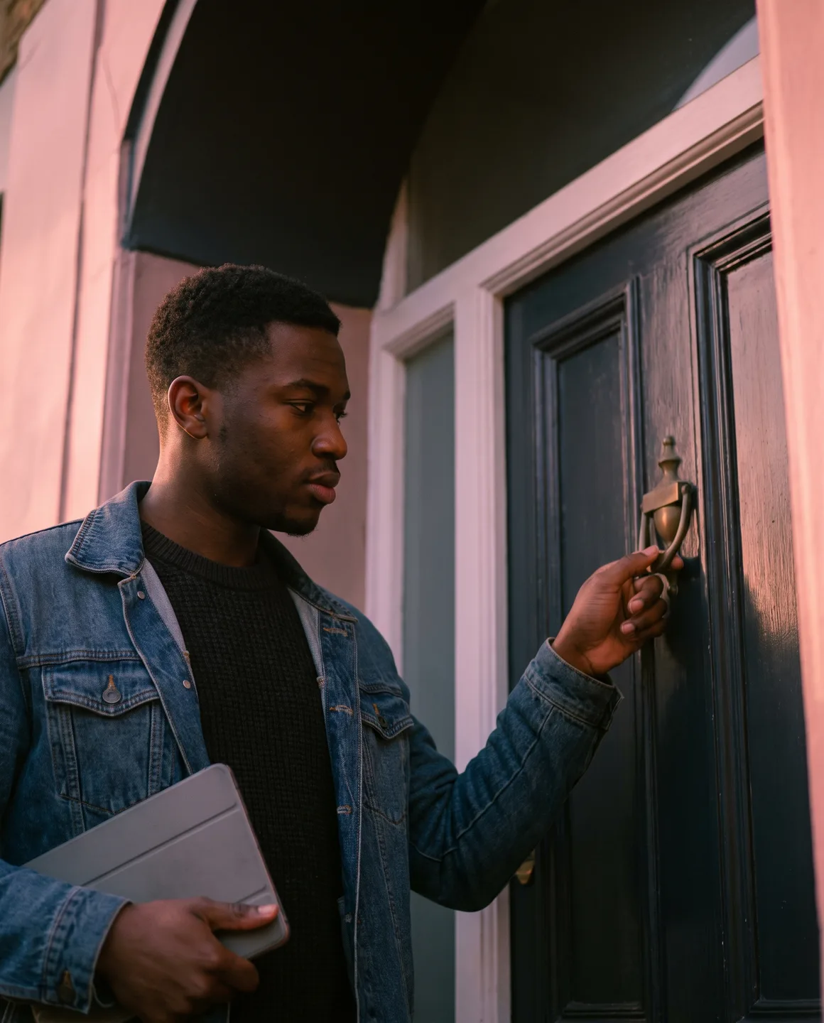 A surveyor with a tablet under one arm arriving at a period front door in warm dusk light