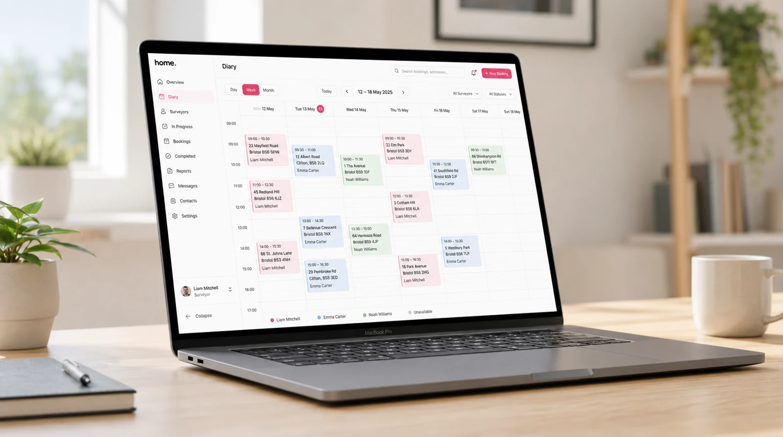 The real home.co.uk surveyor calendar on a MacBook, showing per-surveyor diaries with working hours and a week view
