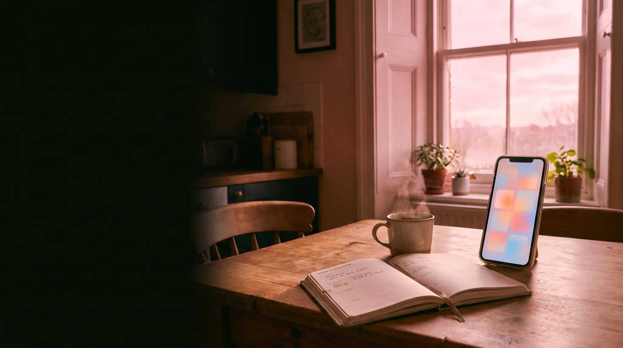An open weekly planner, a steaming coffee and a phone showing a week-view calendar on a kitchen table at sunrise