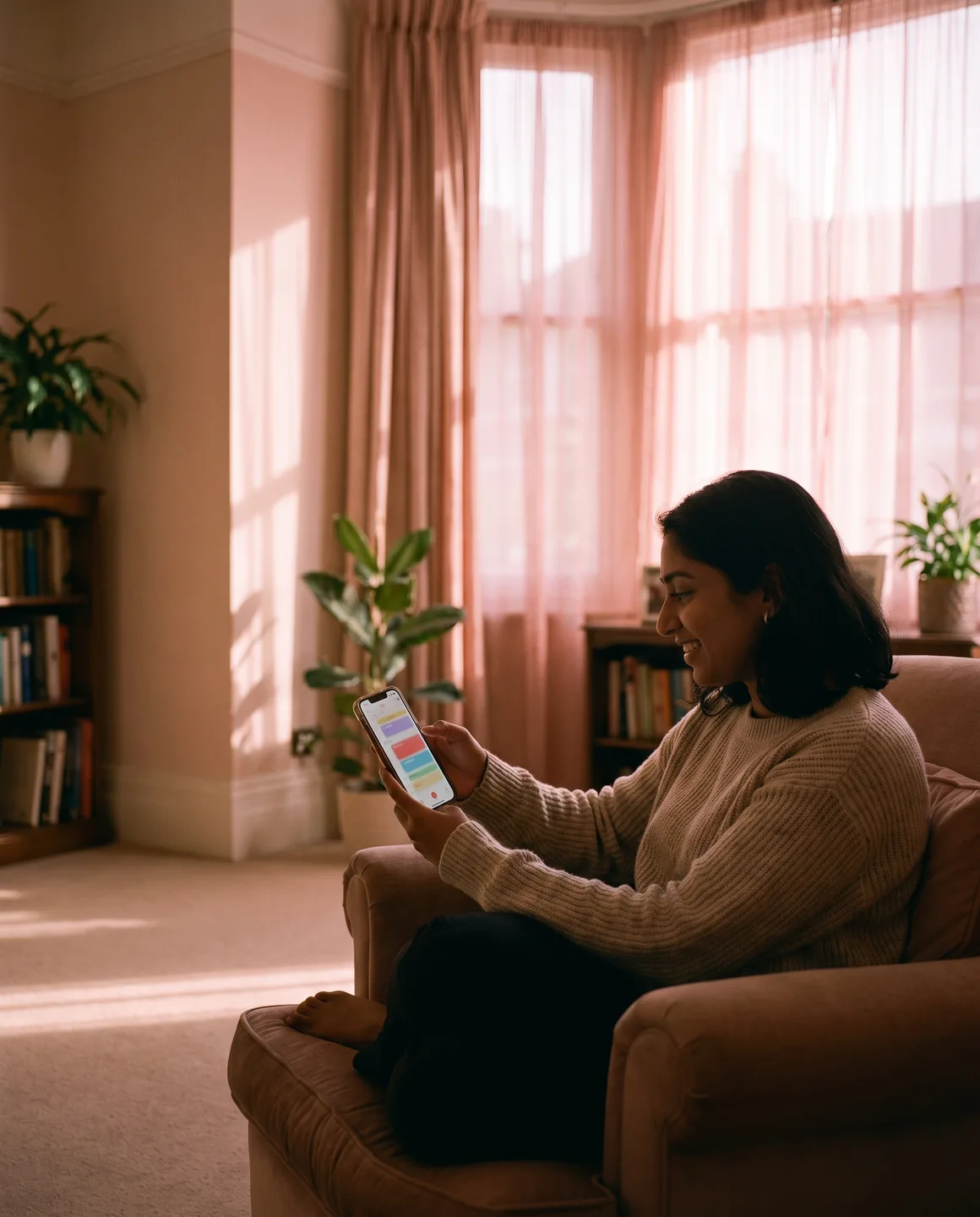 A surveyor in a sunlit period living room glancing at her phone in soft pink morning light