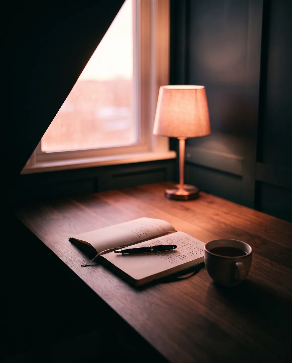 An open paper diary with a fountain pen and a cup of tea in warm lamplight on a dark walnut desk