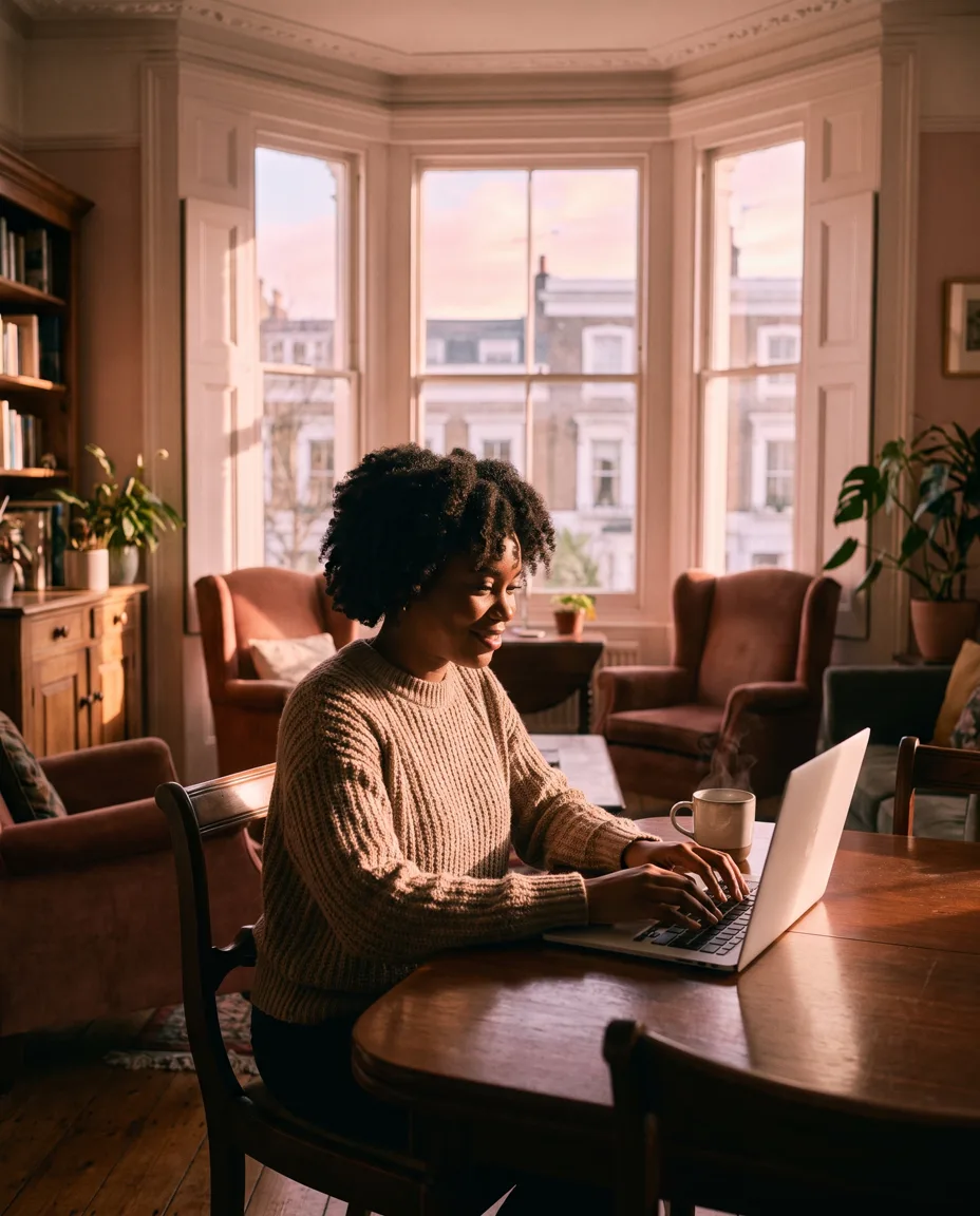 A woman writing an email on a laptop at a wooden table at dawn, tea steaming beside her in soft pink morning light