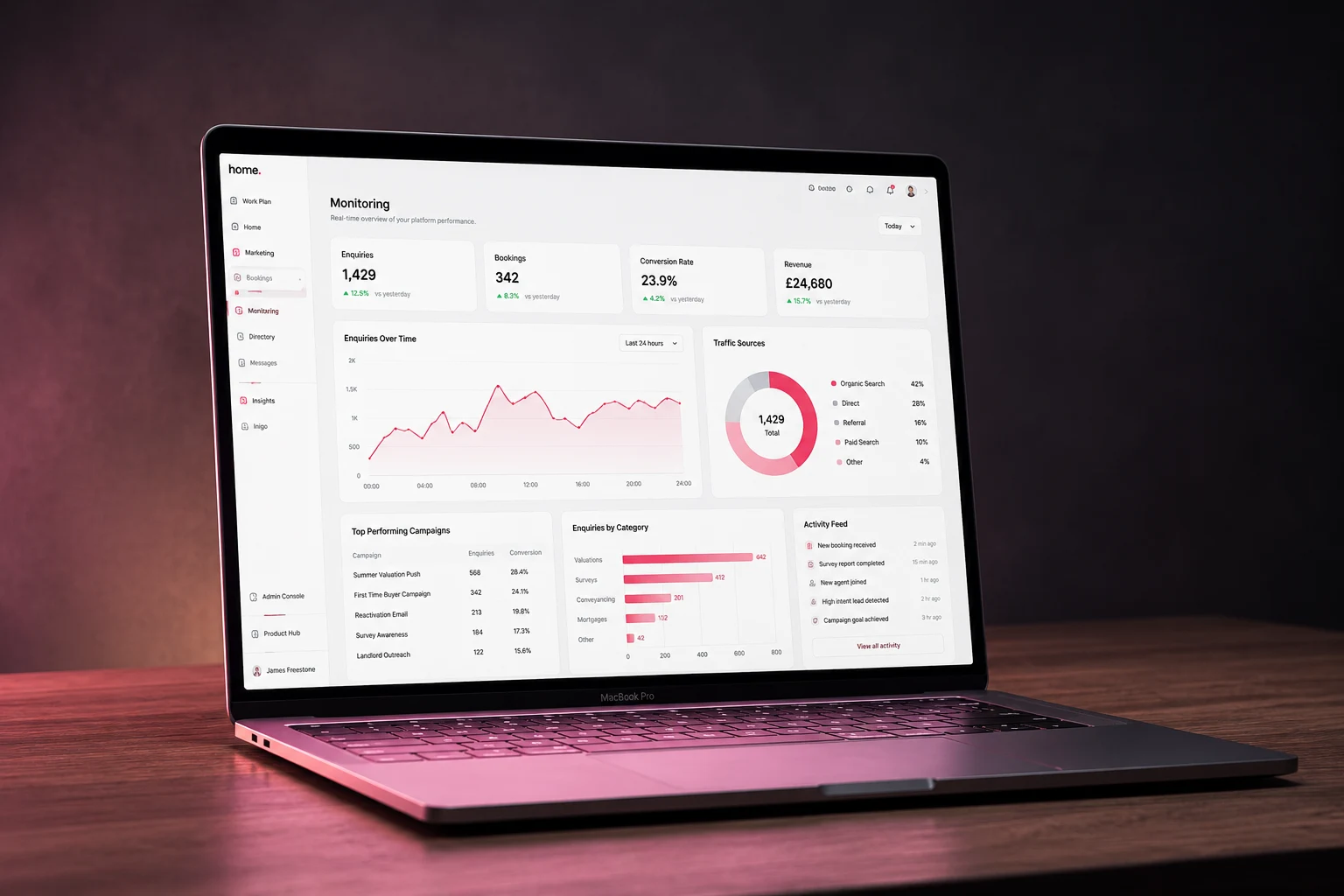 The Campaigns dashboard on a MacBook — a firm campaign with its audience list and live send progress