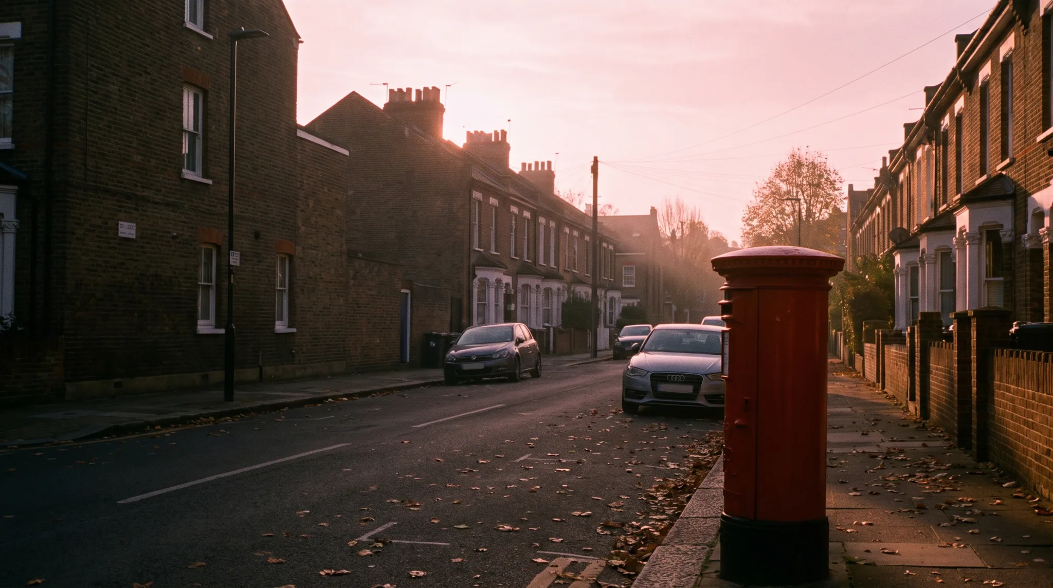 A red pillar postbox on a quiet Victorian terraced street at golden hour, pink-tinged sky above