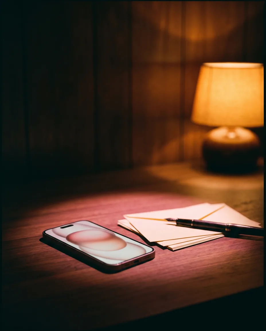 A modern phone glowing softly on a dark walnut desk beside a stack of cream envelopes and a fountain pen in warm lamplight