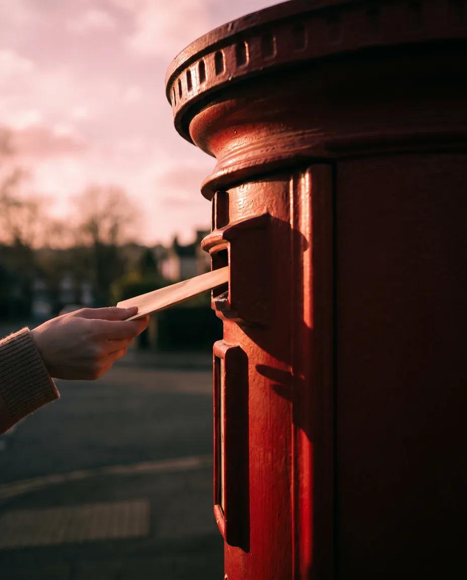 A hand posting a cream envelope into a red pillar postbox in warm golden-hour light