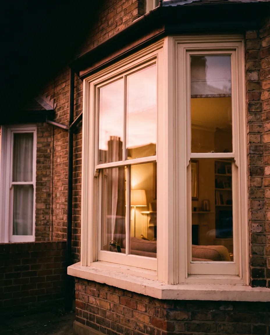 A Victorian bay window at dusk, warm lamplight inside and a pink sky reflected in the glass