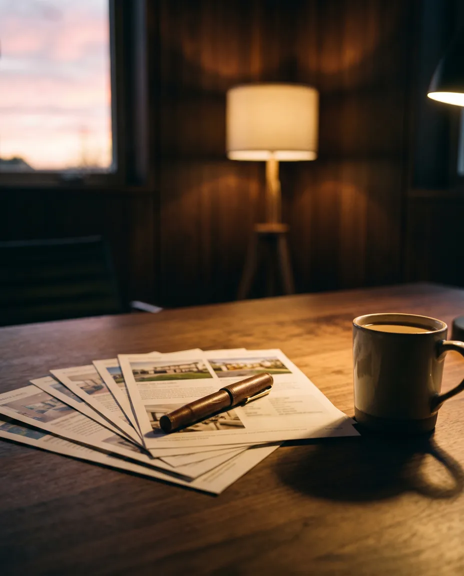 Printed property particulars fanned on a walnut desk with a fountain pen and coffee, pink dusk through the window