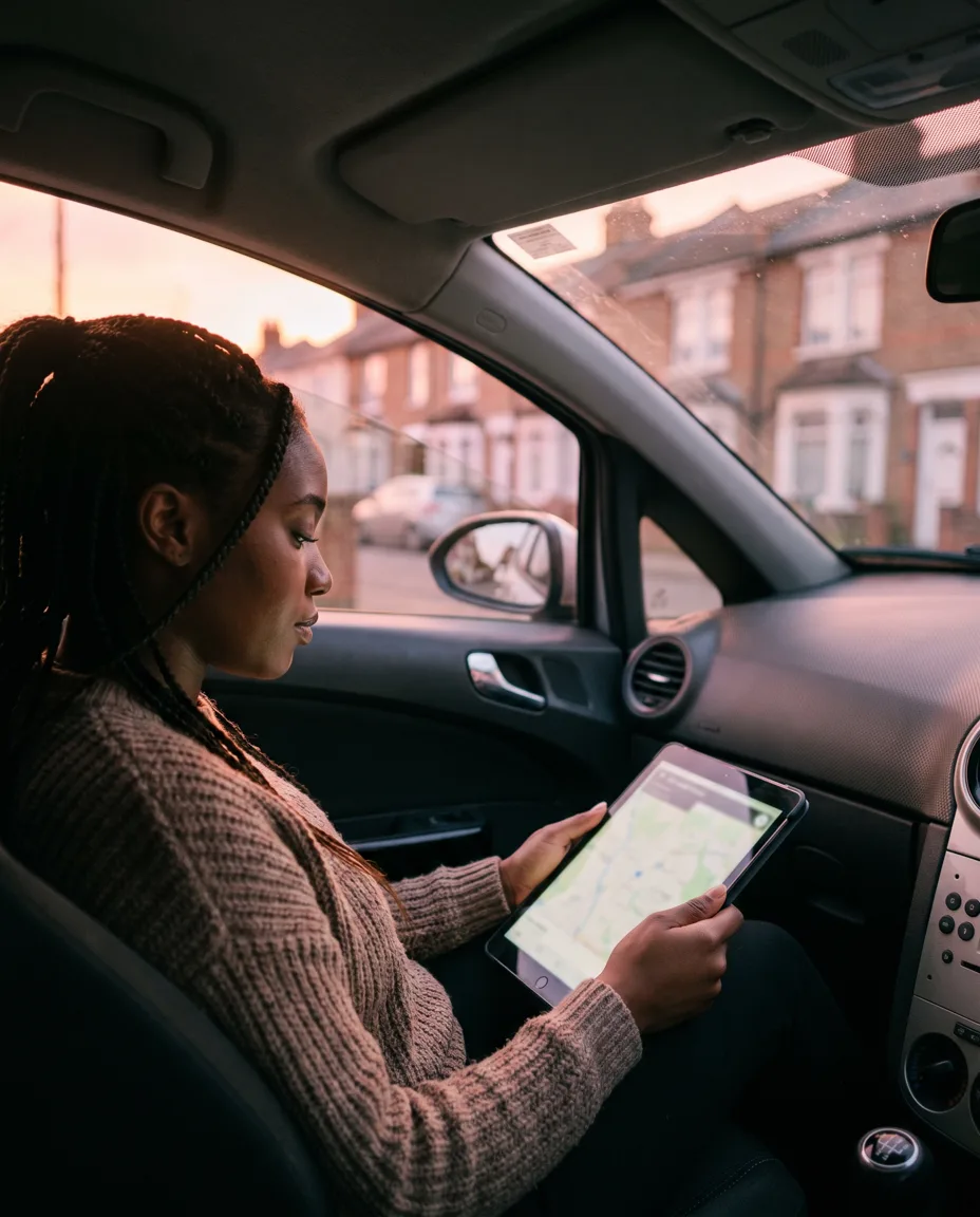 A surveyor in a parked car at dusk reviews comparables on a tablet, terrace houses in soft pink light beyond the glass