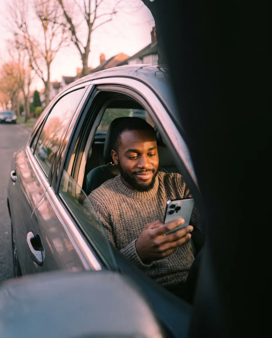 A surveyor in the driver's seat of a parked car at sunrise, glancing at his phone with a calm smile as a booking confirms