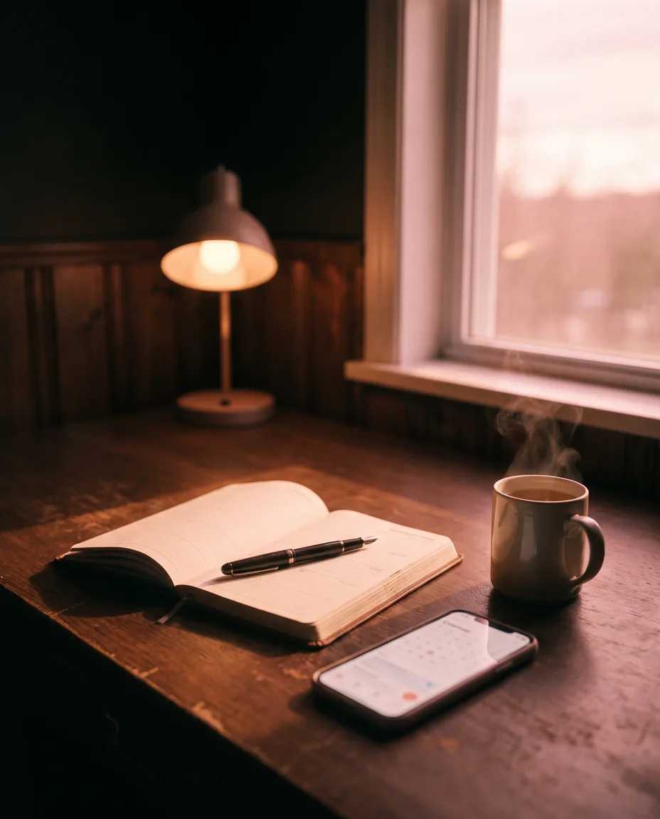 An open appointments diary, fountain pen and glowing phone beside a cup of tea on a walnut desk in warm pink lamplight