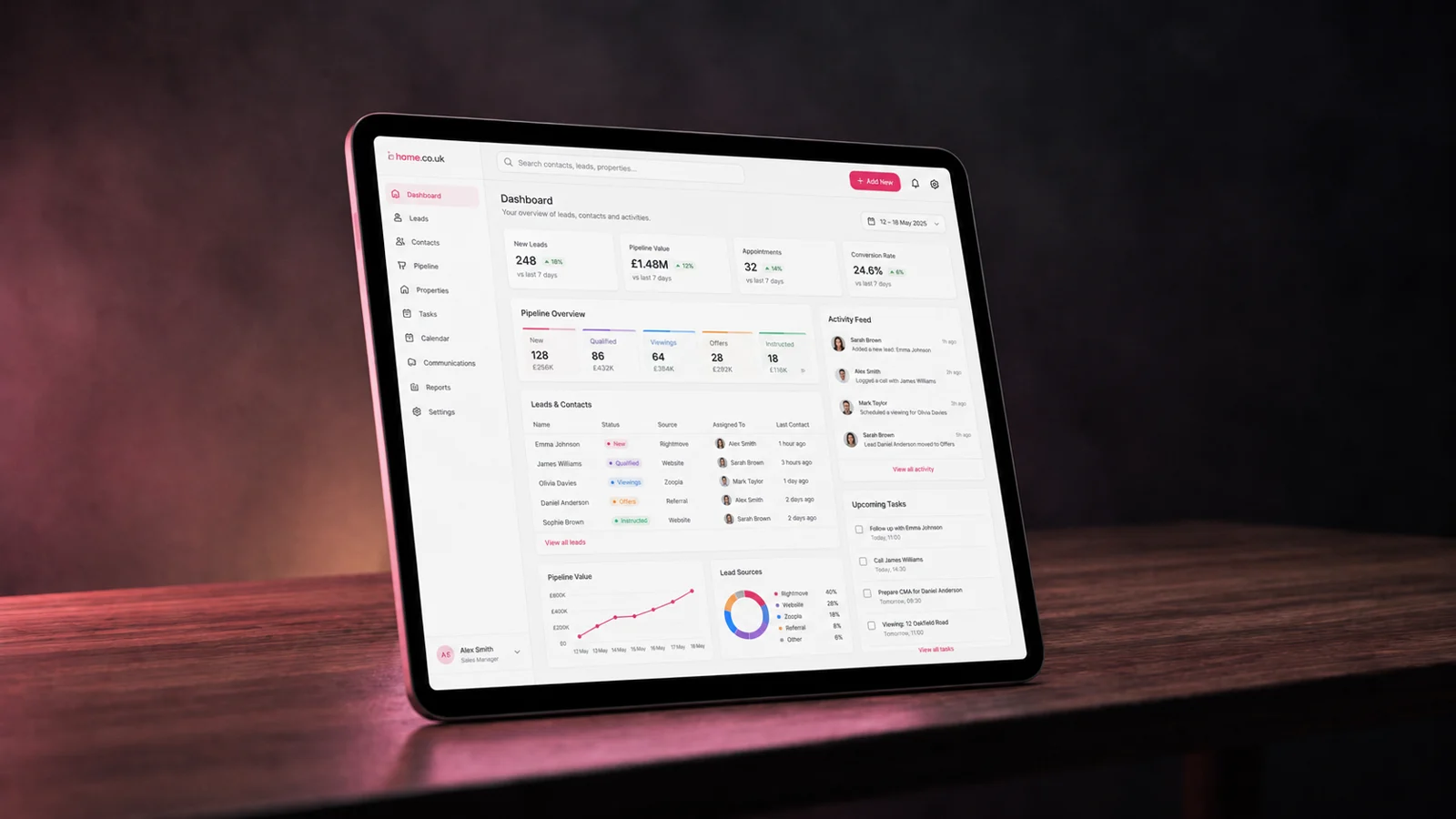 The real home.co.uk bookings pipeline on a MacBook — a job list with views for All Bookings, Homemove Bookings, All Enquiries and Paid Not Booked, a search bar in the top bar and a Filters control above the job rows