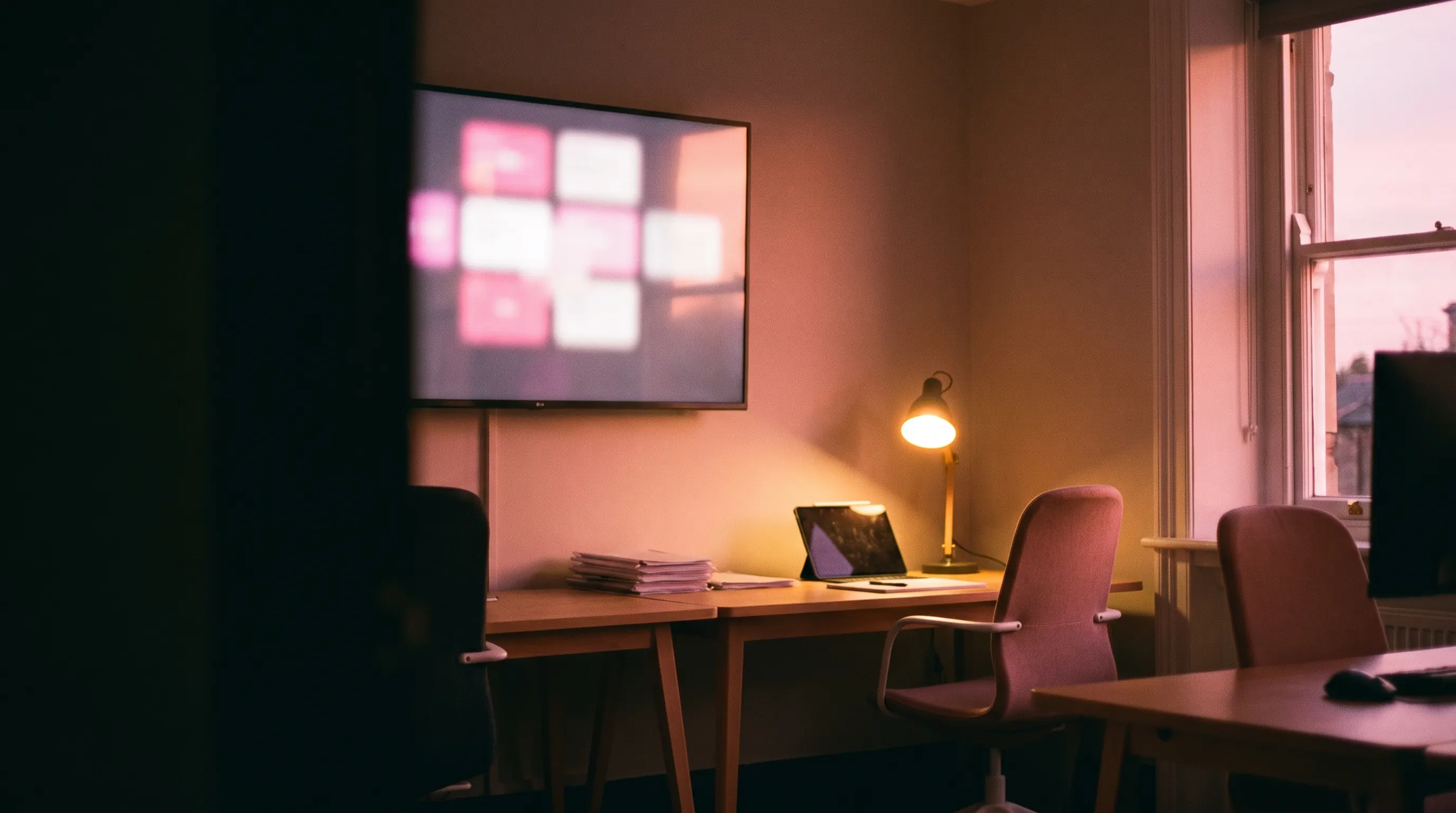 A small surveying firm office at dusk — a wall screen glowing softly with a board of job cards, warm lamplight on the desks, pink evening light through the window