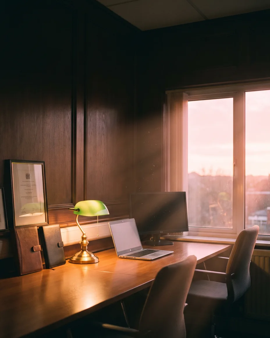 A tidy surveying office at dusk — a brass lamp glowing, chairs pushed in, pink sunset light through the window, the day finished