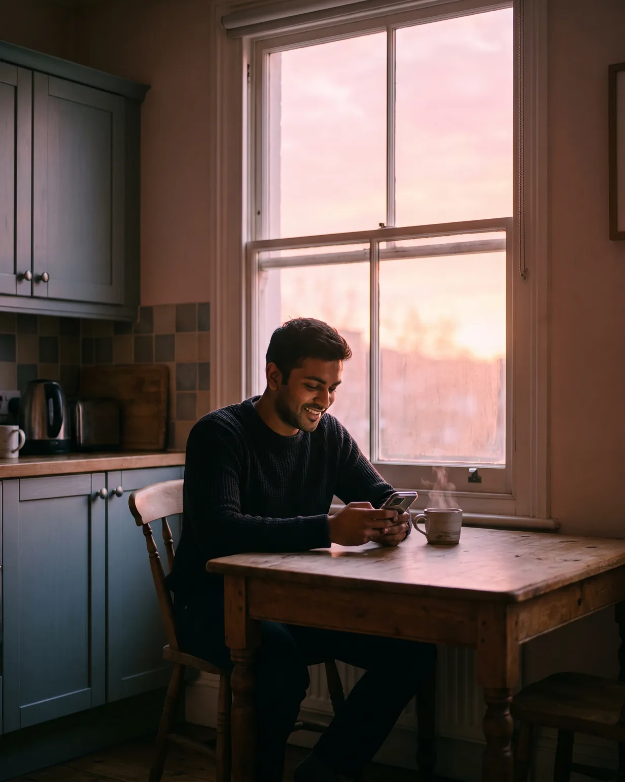A homemover at his kitchen table in soft pink morning light, tea beside him, booking his survey on his phone