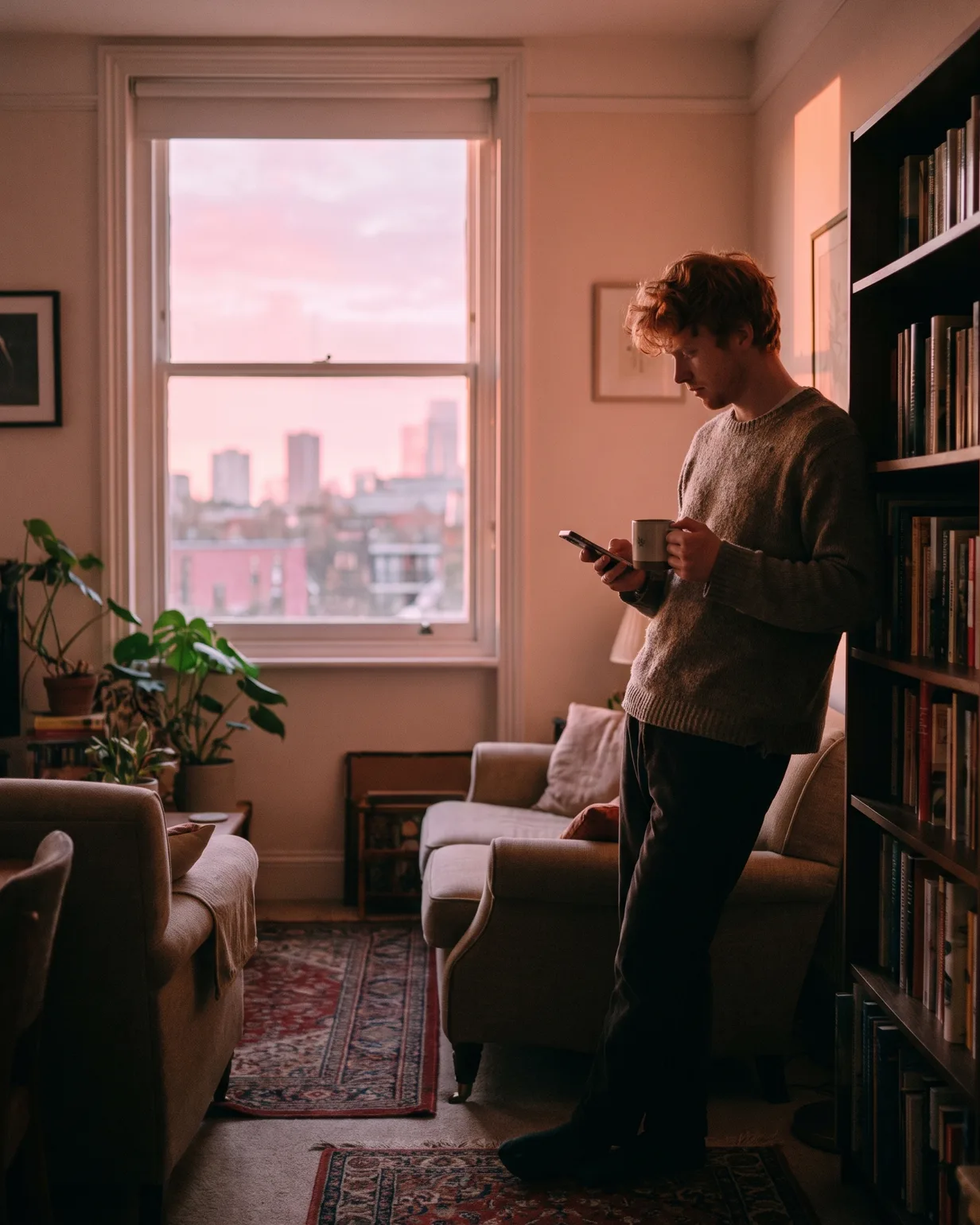 A homemover leans against his bookshelf at dusk, coffee in hand, glancing at his phone to check where his survey stands
