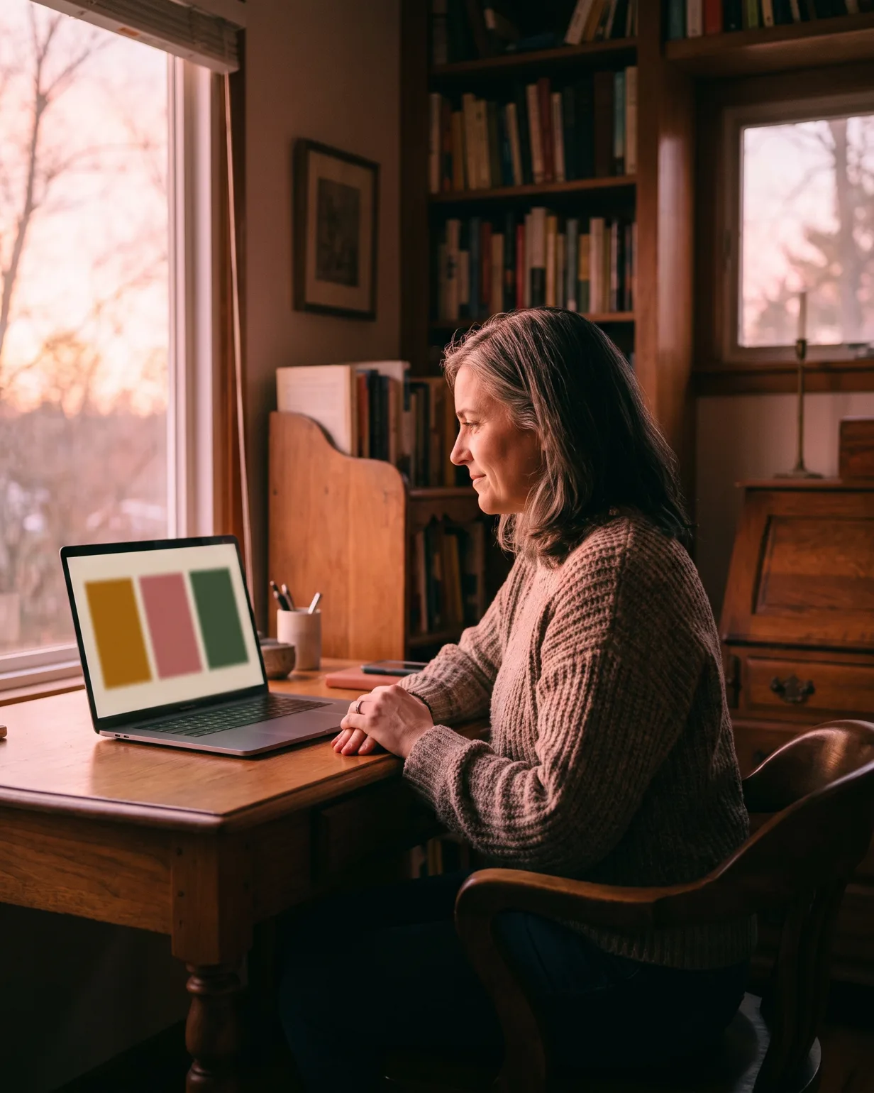 A firm principal at her desk at dusk, laptop glowing with colour swatches as she chooses her firm's brand colour