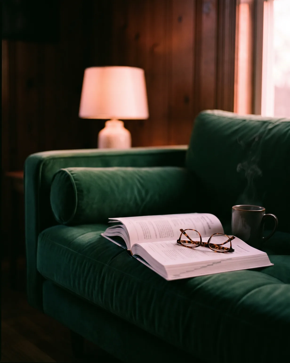 A survey report lies open on the arm of a deep-green sofa in warm lamplight, reading glasses folded on top and tea steaming beside it